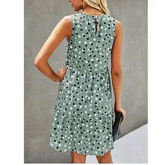 🆕Boho Trendy Sage Polka Dots Tiered Pocket Sleeveless Dress XL 🆕 - Picture 2 of 11